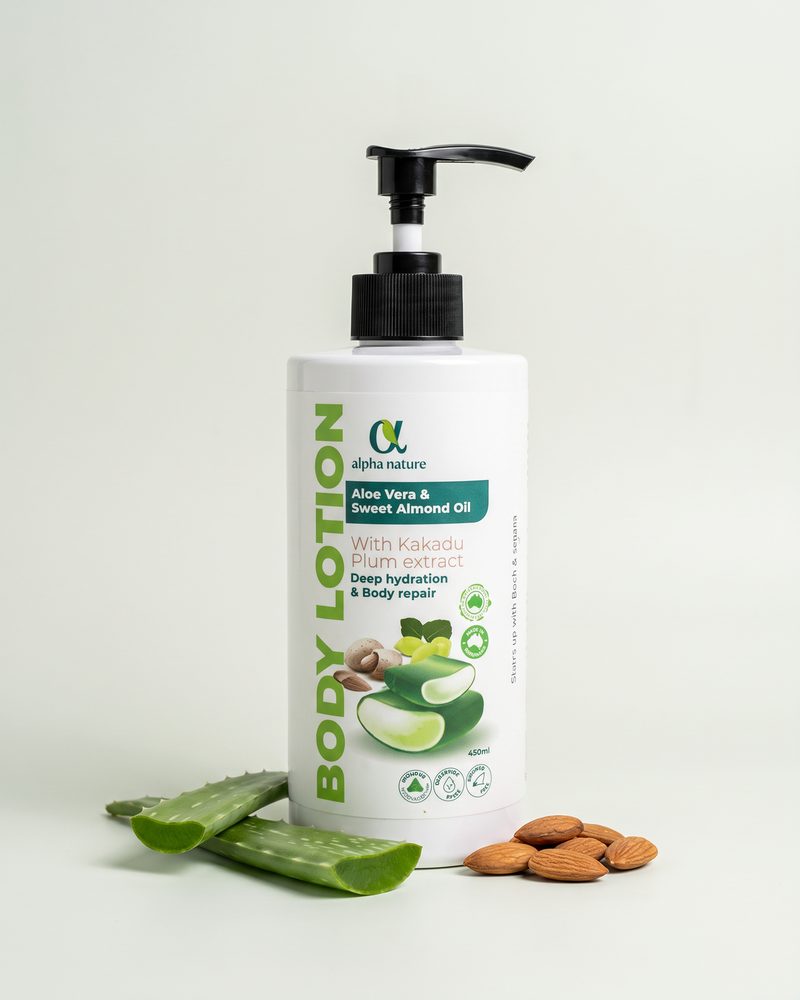 Aloe Vera & Sweet Almond Oil Body Lotion on a light studio backdrop
