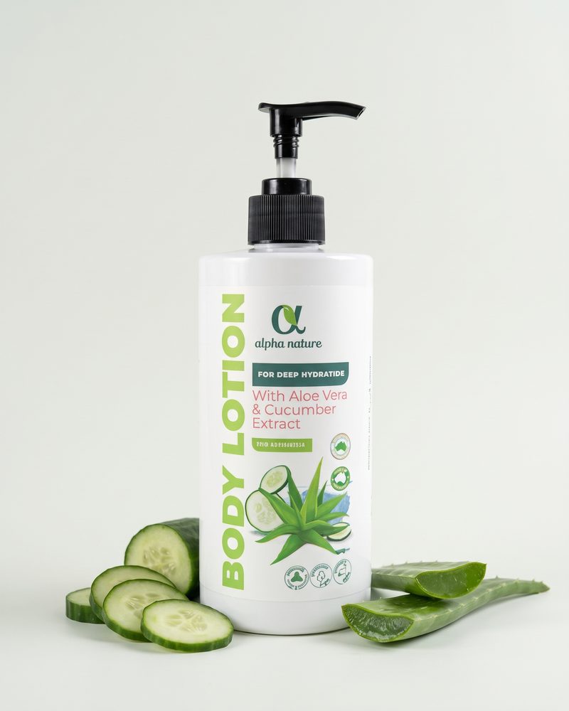 Aloe Vera & Cucumber Body Lotion on a light studio backdrop