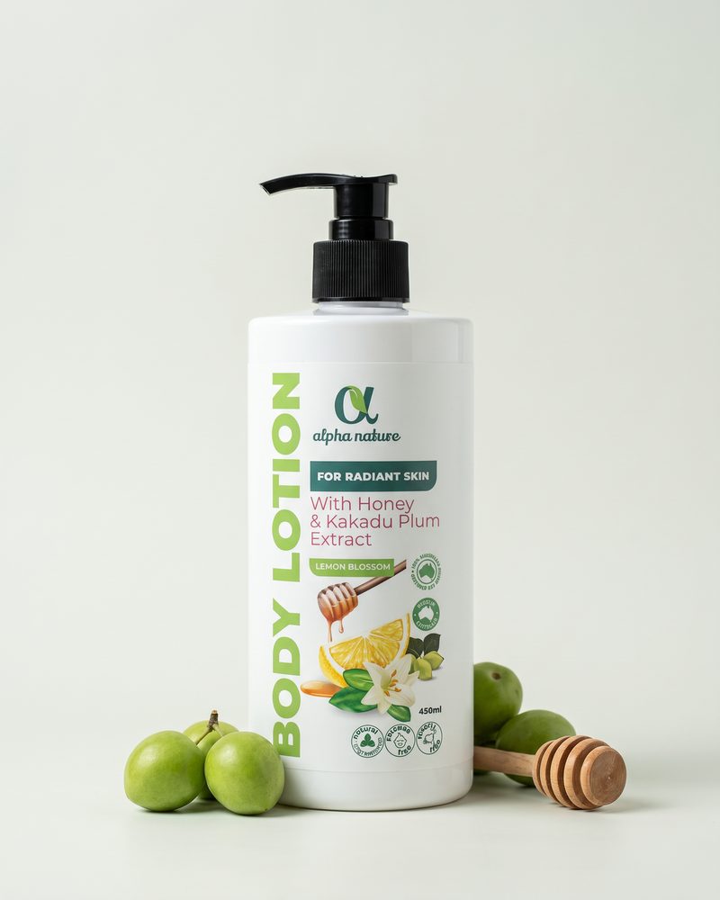 Honey & Kakadu Plum Body Lotion on a light studio backdrop